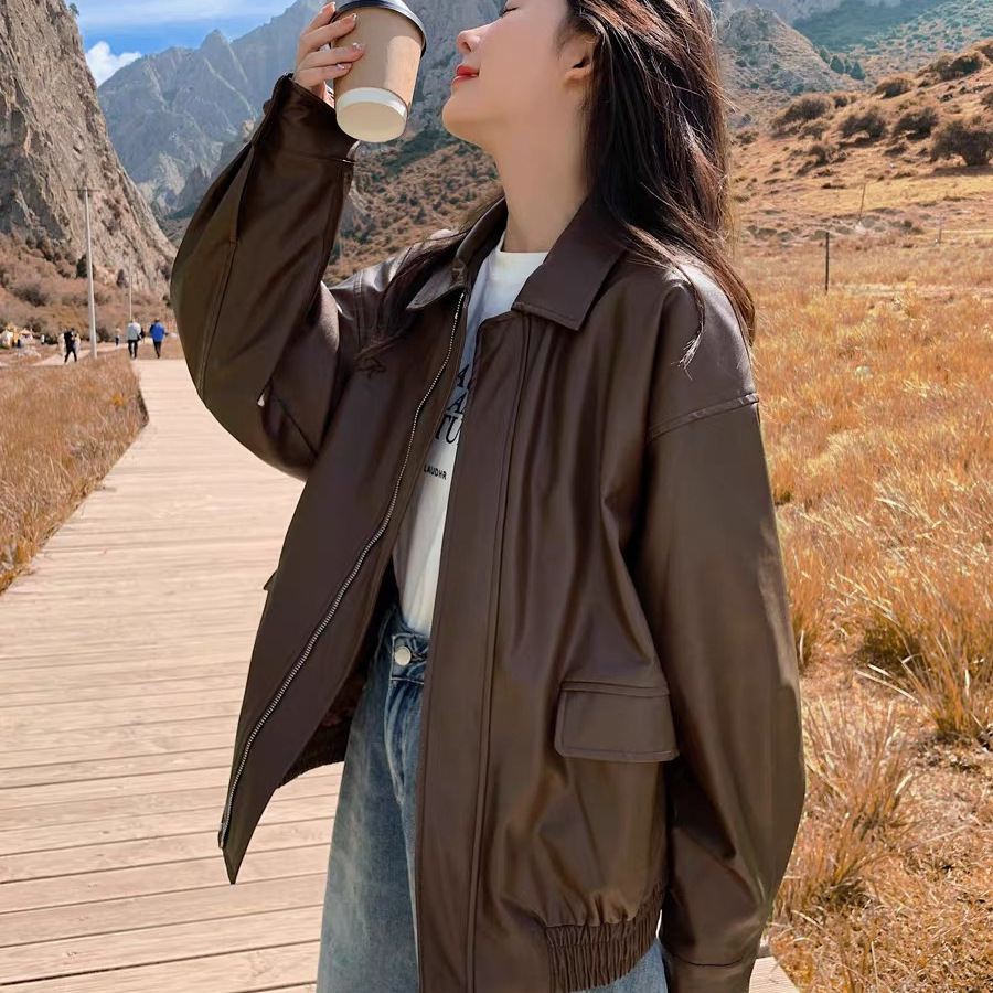 Brown Imitation Leather Jacket for Women Hong Kong Style 2024 New Autum High-end Loose American Retro Motorcycle Jacket Top