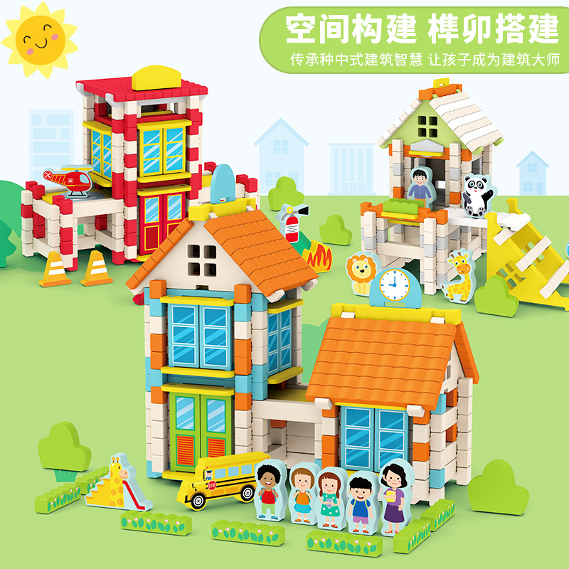 Cross-border Children's Early Education Mortise and Tenon Structure Building Blocks Creative Space Construction Assembled Wooden Educational Toys 3-6