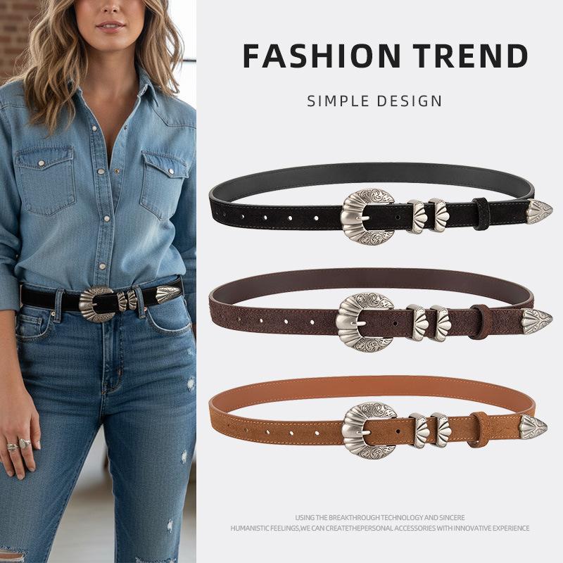 Carved American-Style Genuine Leather Belt for Hot Girls, Simple and Versatile Decorative Accessory, Suitable for Jeans and Dresses, Pin Buckle Retro Belt