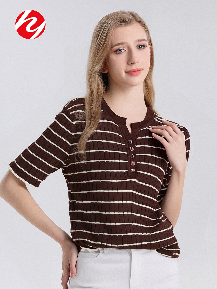 Huaye Mulberry Silk Striped Short-sleeved T-shirt Women's New Summer All-match Slimming Silk Knitted Base Shirt Top