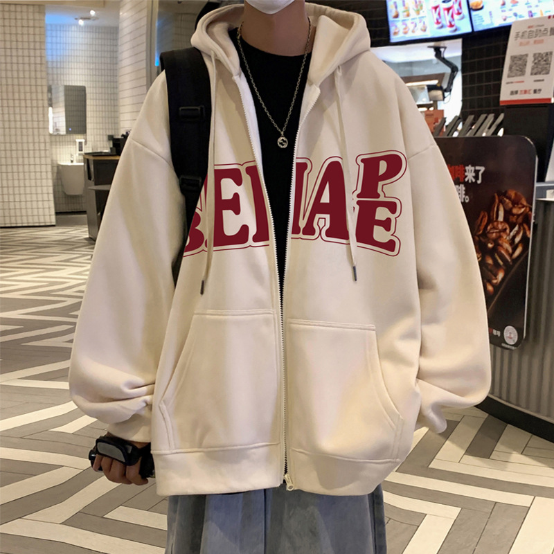 Hong Kong Style Trendy Brand Thickened fleece-lined Sweater Men's Autumn and Winter Ins American Style Loose Printed Hooded Cardigan Casual Jacket