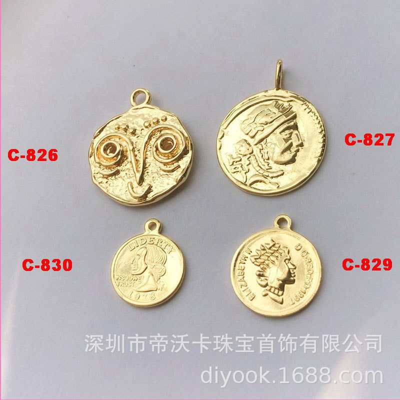 Copper Plated with 14K Real Gold, Heart-Shaped Disc Coin with B Letter Relief Portrait, Inlaid with Stones, Cross Pendant Tail Piece Accessory