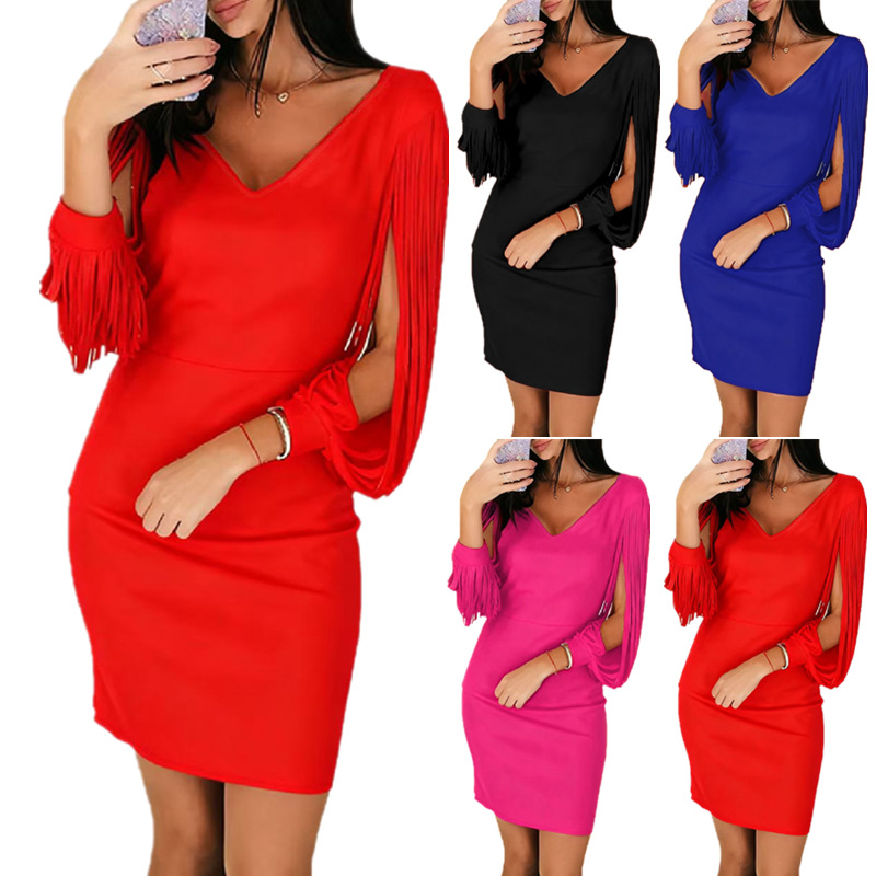 European and American Cross-Border Women's Clothing 2026 New Style Tassel Long-Sleeve Mini Bodycon Dress Fashionable Elegant V-Neck Evening Dress