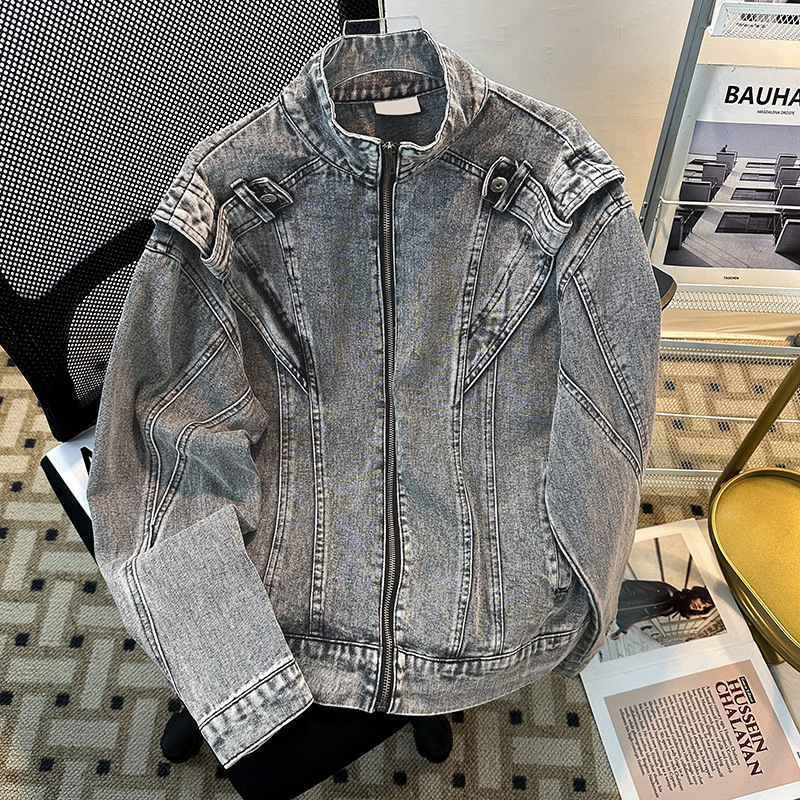 American Retro Washed Patchwork Denim Jacket for Men, Stylish Streetwear Brand with European and American Street Design, Biker Jacket