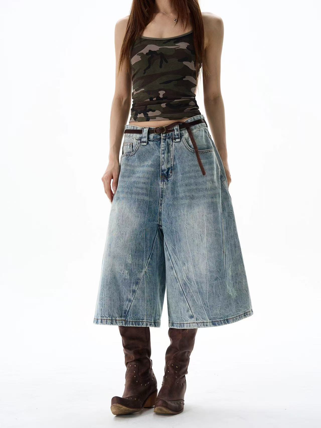 American Retro High Street Washed Design Sense Deconstructed Jeans Men's and Women's Summer Fashion Brand Casual Loose Capri Pants