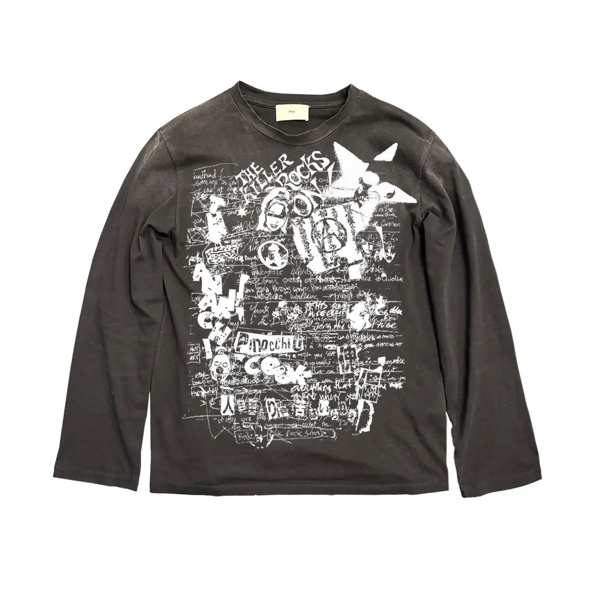 SHIBU Hippie Grunge Wasteland Punk Y2K Long Sleeve Heavy Metal Black Distressed Washed Faded Ripped T-Shirt