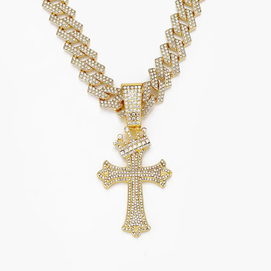 Full Diamond Crown Cross Pendant Environmental Electroplated Alloy Diamond Personality All-match Cuban Necklace European and American Men's Accessories