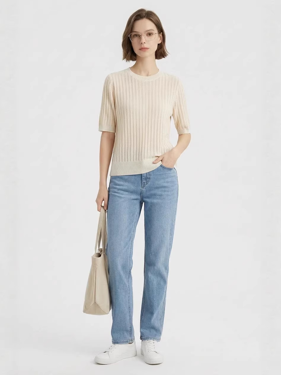 Xiaohe's Same Style Tencel Licorice Silk Cotton Sequin Hollow-Out Knit Top for Women, New Spring/Summer Round Neck Casual Short-Sleeve Shirt