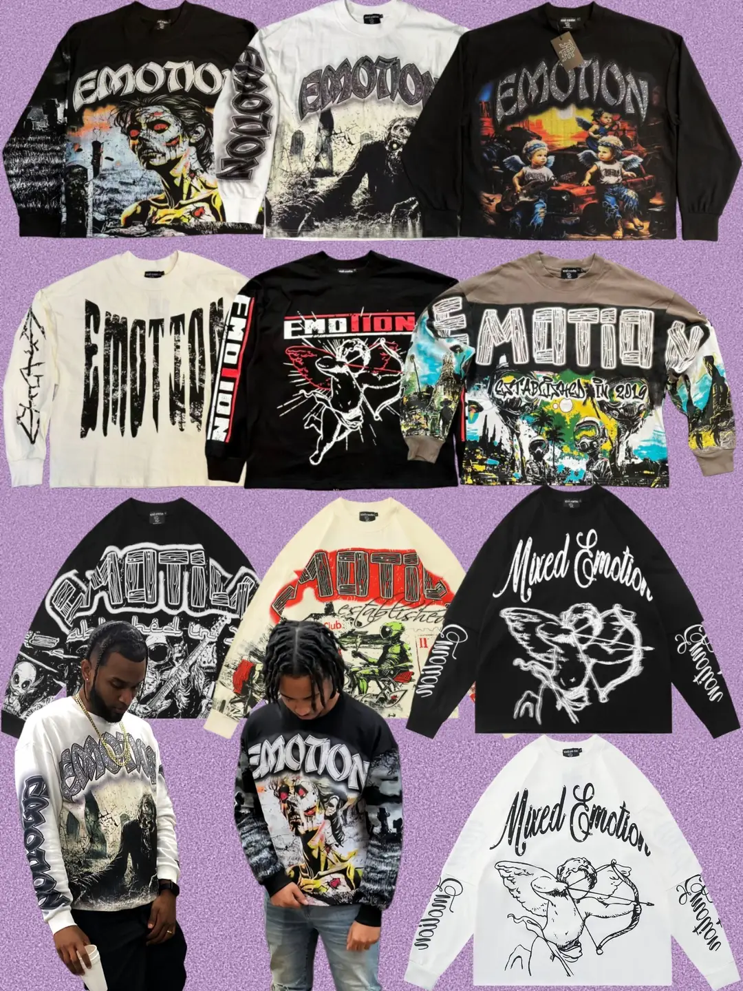 Correct Version Mixed Emotion Heavy-Duty Rhinestone Printed American Street Rap Hip-Hop Trendy Long-Sleeve T-Shirt