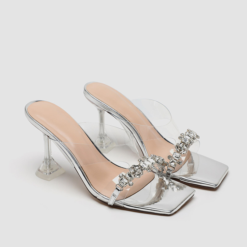 In-Stock Sheepskin Version~Transparent Sandals for Women, New Summer Style, Versatile, Sexy, Niche Design, French-Style Rhinestone Crystal