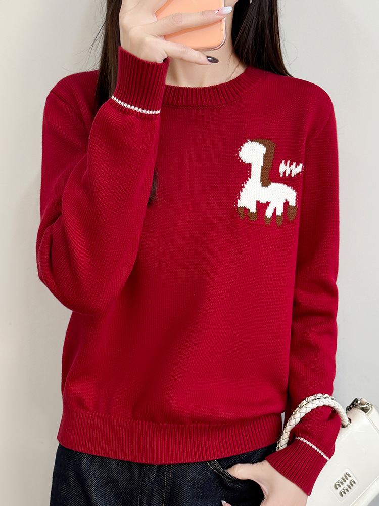 2026 Autumn/Winter New Year Edition Pure Cotton Thickened Round Neck Knitted Sweater Zodiac Year Red Horse Jacquard Top