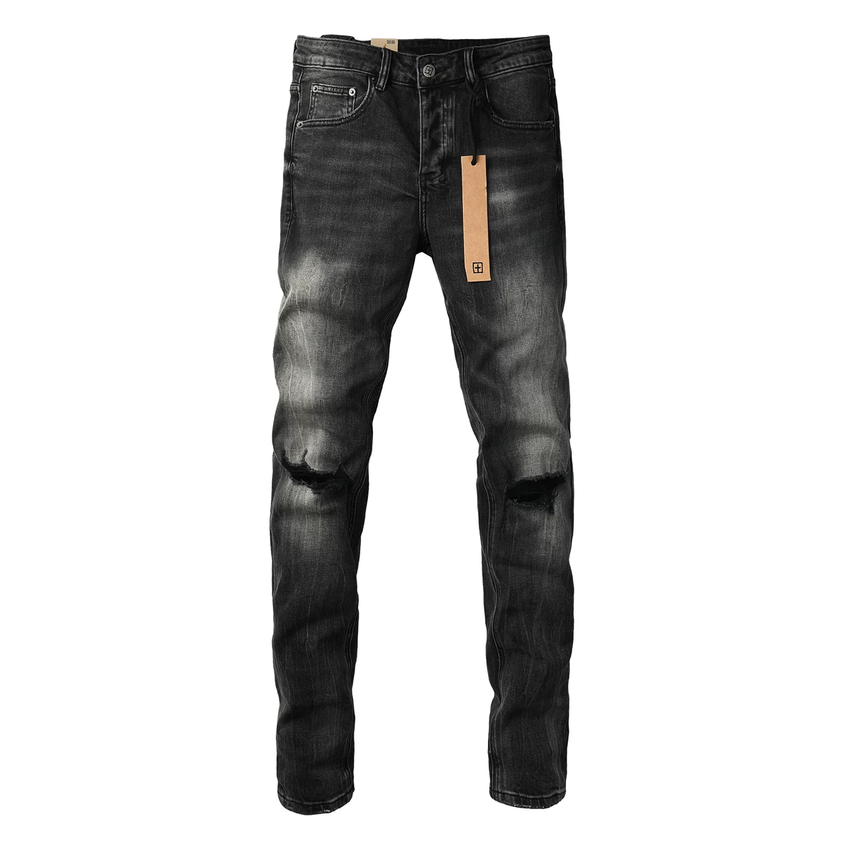 KSUBI JEANS American fashion brand new black gray ground white washed knee knife cut hole slim fit jeans