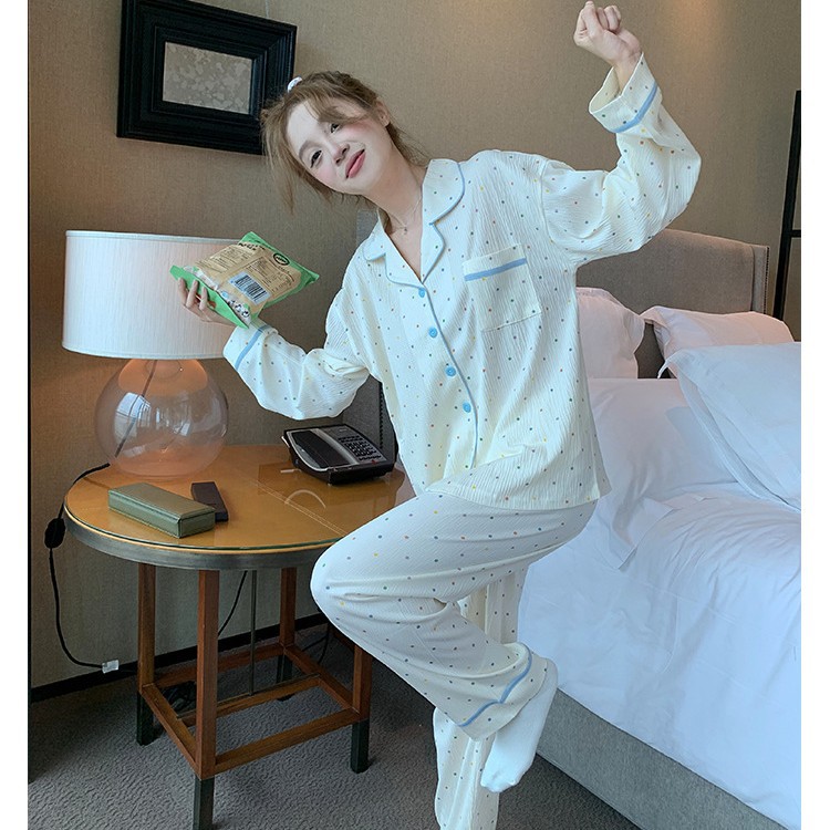 Women's Pajamas for Spring and Autumn, Long-Sleeved, Loose-Fitting, Sweet Color-Blocked Two-Piece Set, Trendy Cartoon Cardigan with Turn-Down Collar, Loungewear