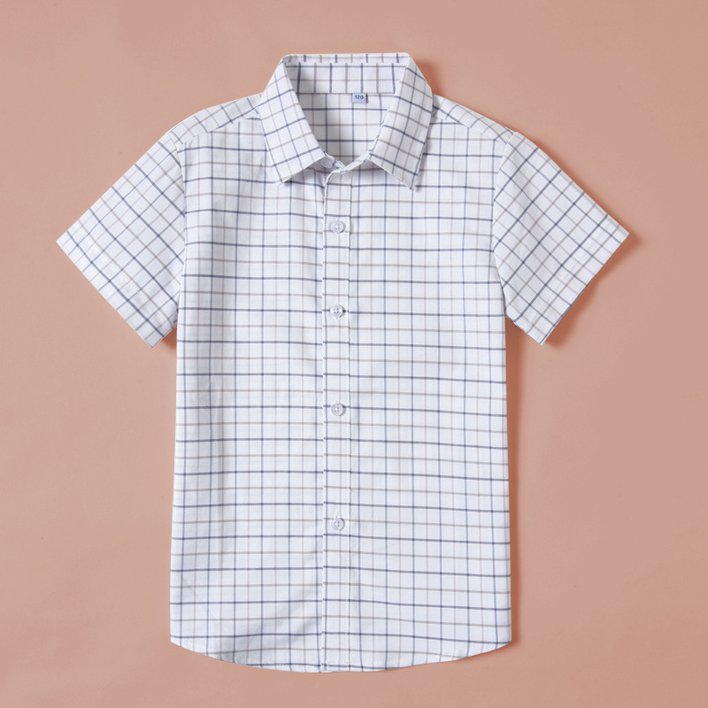 Children's School Uniform Shirt Boys and Girls Summer Thin Cotton Short-sleeved Top Middle School Students Plaid Shirt