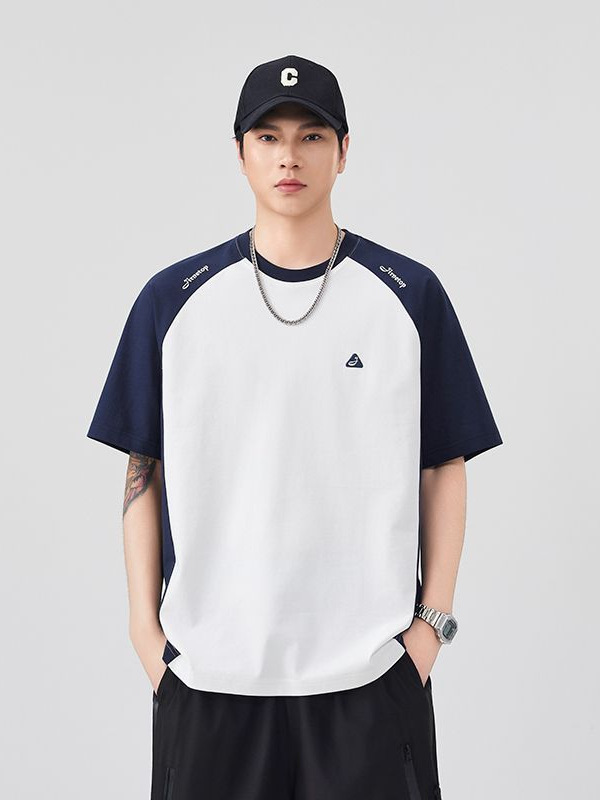 Shanggu Men's Clothing | Contrast Color Patchwork Raglan Sleeve T-Shirt for Men, Summer American Style Trendy Brand Loose Fit Versatile Casual Short-Sleeve Top.