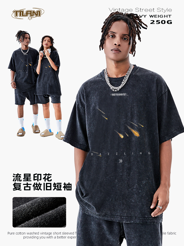 TILANI Summer New Graffiti Hand-painted oversize Short-sleeved Loose Trendy Brand Washed Vintage Base Shirt for Men and Women