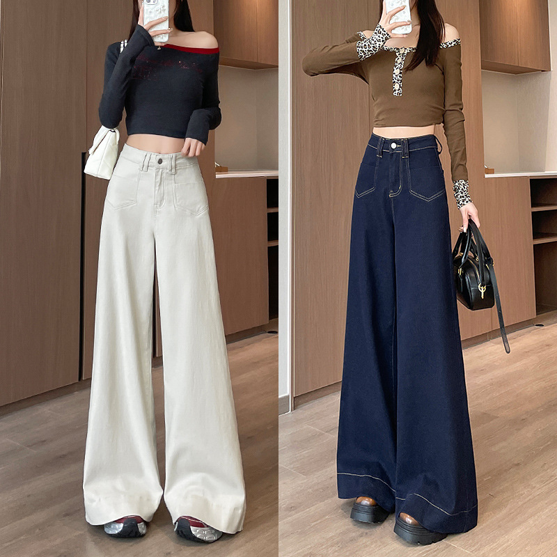 fleece-lined Tannin Blue Straight Jeans Women's Autumn and Winter New Loose Slimming Pants with Wide Legs