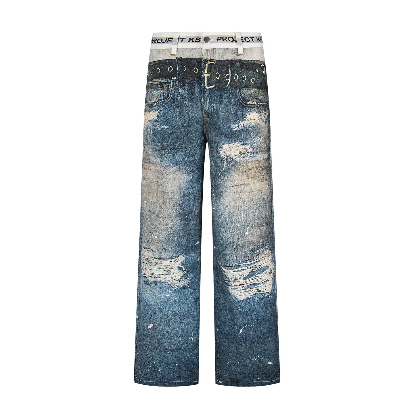 G/R Digital Print Layered Effect 3D Printed Tie-Dye Jeans for Men and Women, Stylish Dirty Dye Wide-Leg Floor-Length Pants