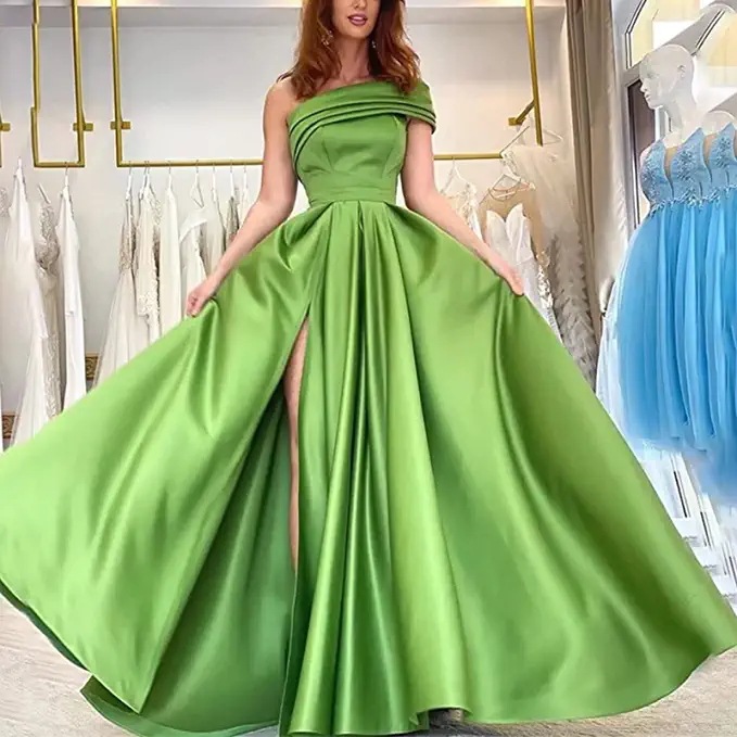 Foreign trade one shoulder satin dress Amazon evening dress birthday banquet pettiskirt Green split sexy dress