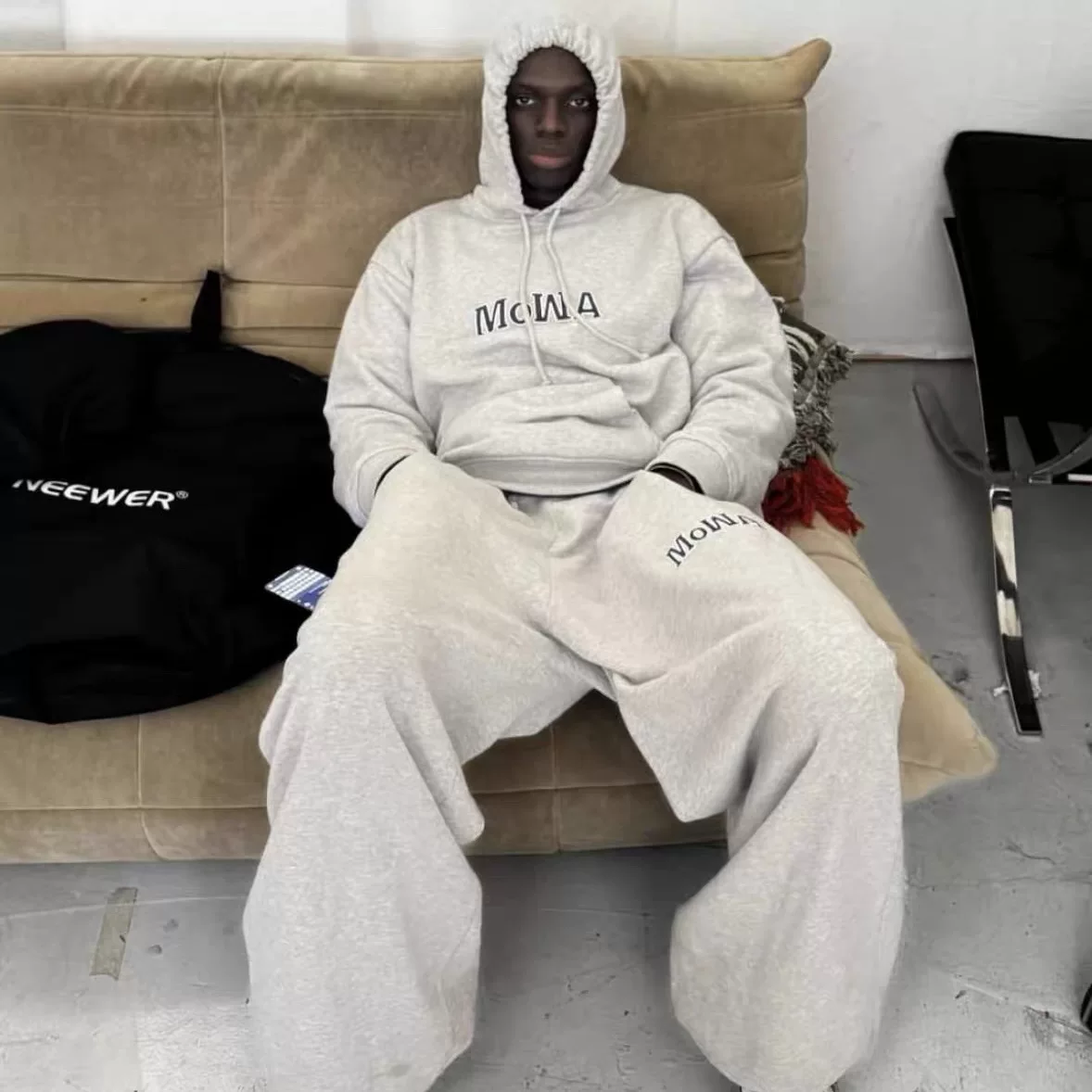 Instagram viral Mowalola sweet suit sport grey set loose pure cotton unisex sweatshirt