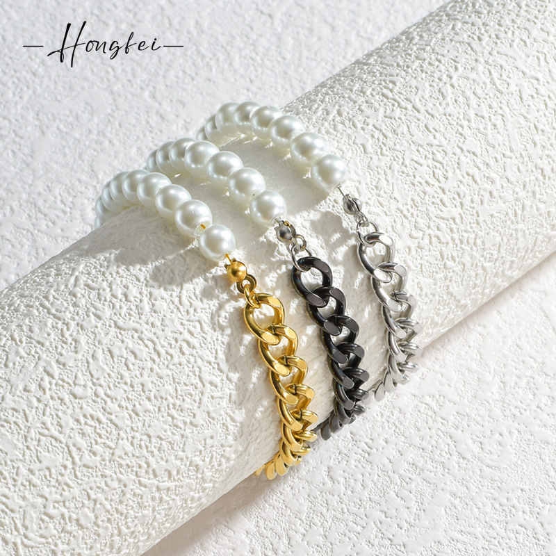 Stainless steel stitching metal Cuban chain bracelet female INS personality punk style pearl bracelet female high-grade fashion