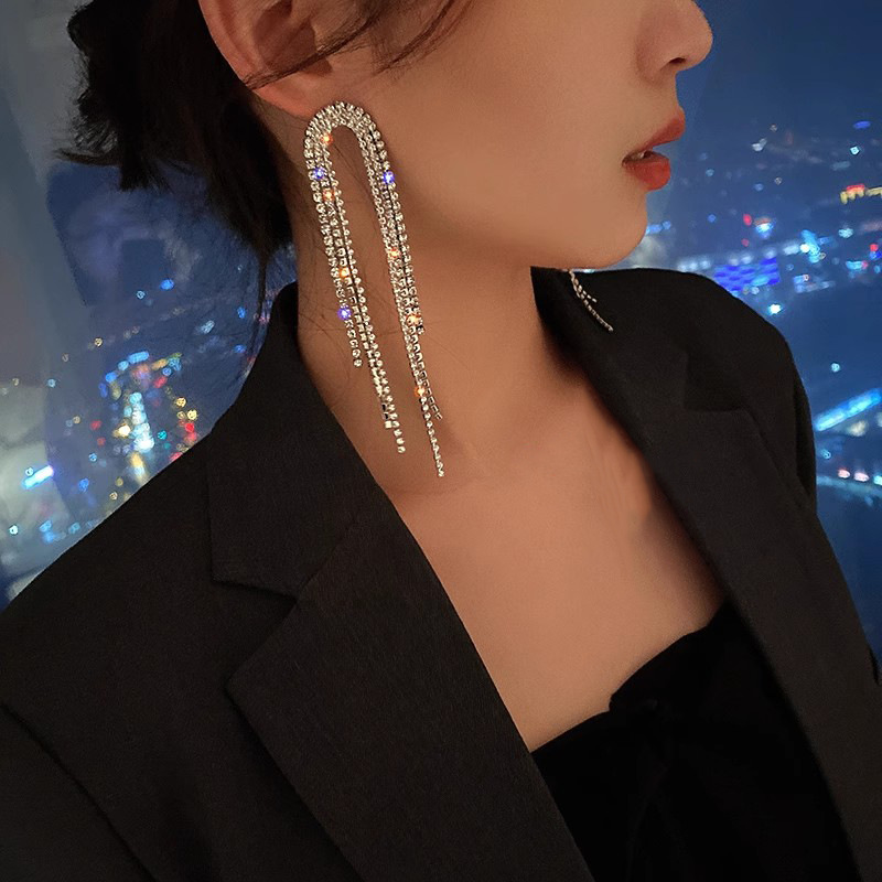 S925 Silver Needle Exaggerated Full Diamond Tassel Earrings Women's Long Earrings South Korea Dongdaemun Internet Celebrity Elegant Earrings Earrings