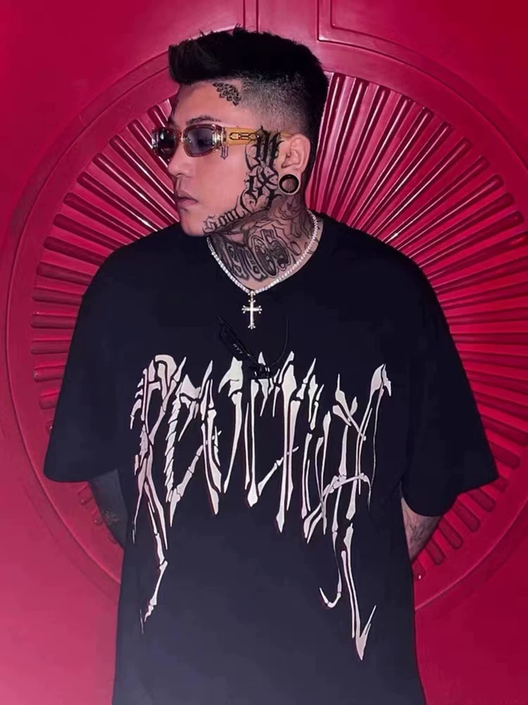 Trendy Brand Revenge Short-Sleeve High-Street American Style Couple Loose-Fitting Ribbed Smoke Skull Lightning Letter Hip-Hop T-Shirt Foto QC de TAOBAO na Qualit.ly