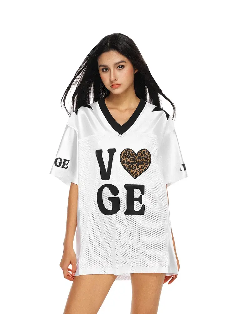 Fdr Official Store V Neck Heart Contrast Color Mesh Short-Sleeved T-Shirt for Men and Women Summer American Sports Loose Tops Jersey