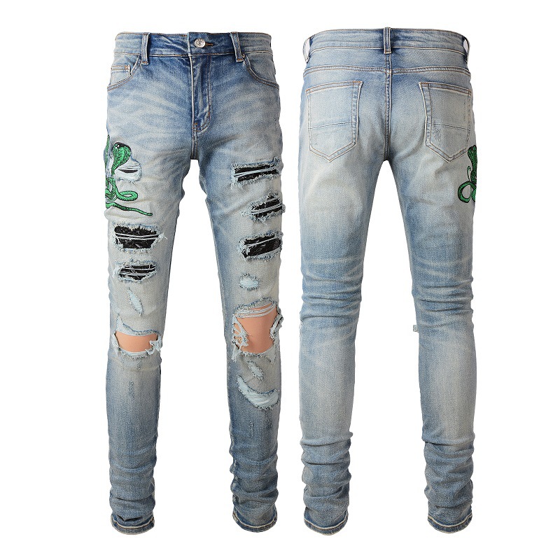 Nostalgic Retro Men's Clothing, Snakeskin Patch, Cobra Embroidery, Jeans, American-Style Jeans, Ripped Skinny Men's Pants