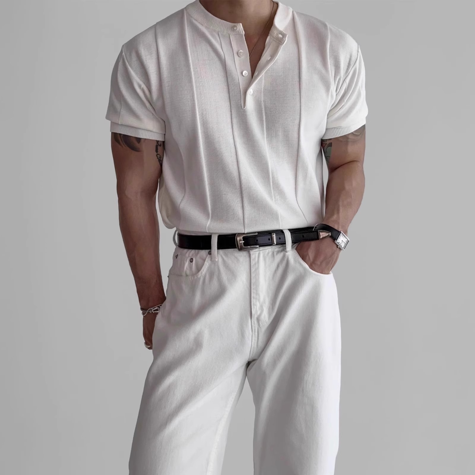Summer New Short-Sleeved Knitwear Men's Henry Collar Vertical Stripes Slim Fit Business Ice Silk T-Shirt Foreign Trade Cross-Border Wholesale
