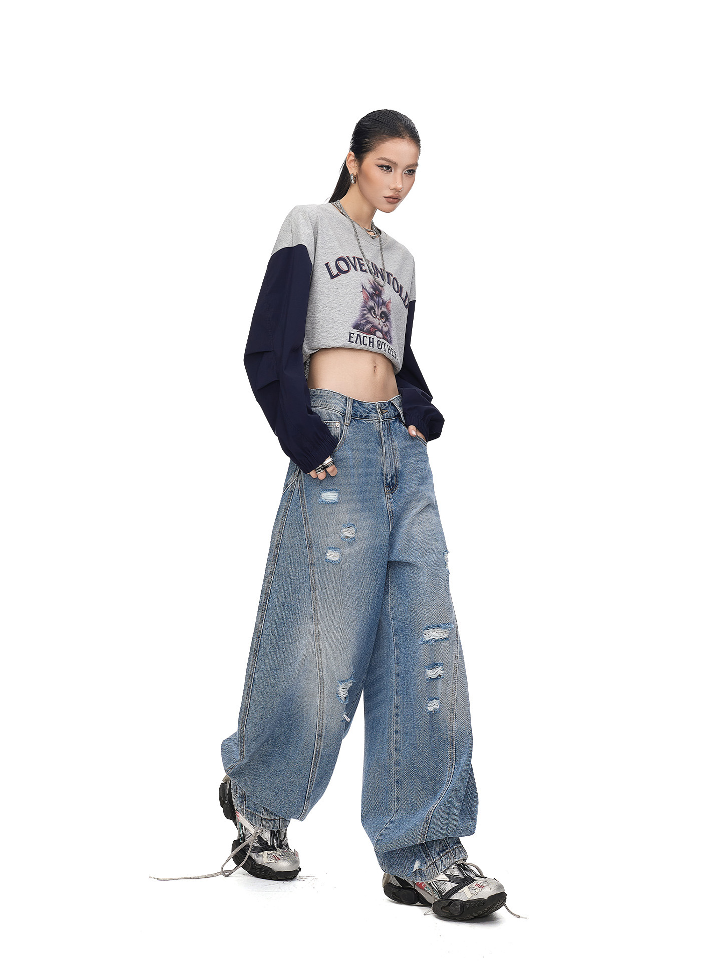 Togu American-Style Design Washed Ripped Jeans for Women, Loose Wide-Leg Long Pants, Floor-Length Curved Pants, Trendy