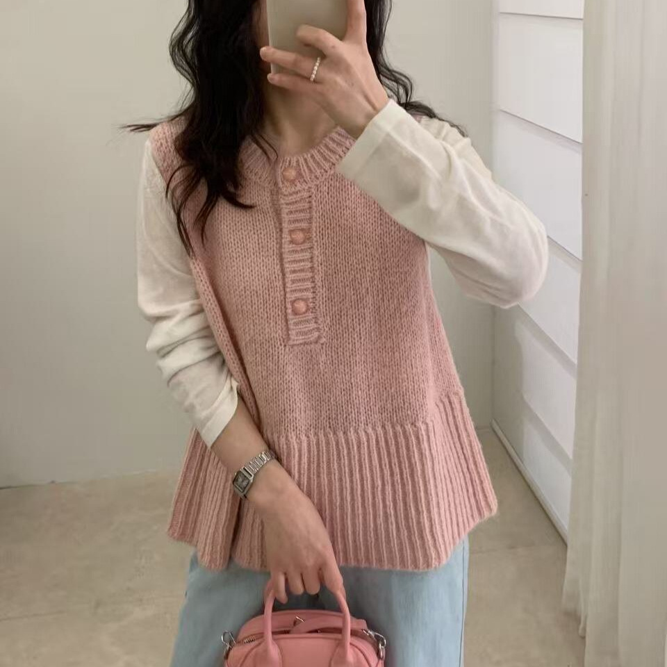 Korean Style Versatile Mohair Sleeveless Layered Knit Vest for Women, Loose Pullover Sweater Vest, Casual Inner Wear Top