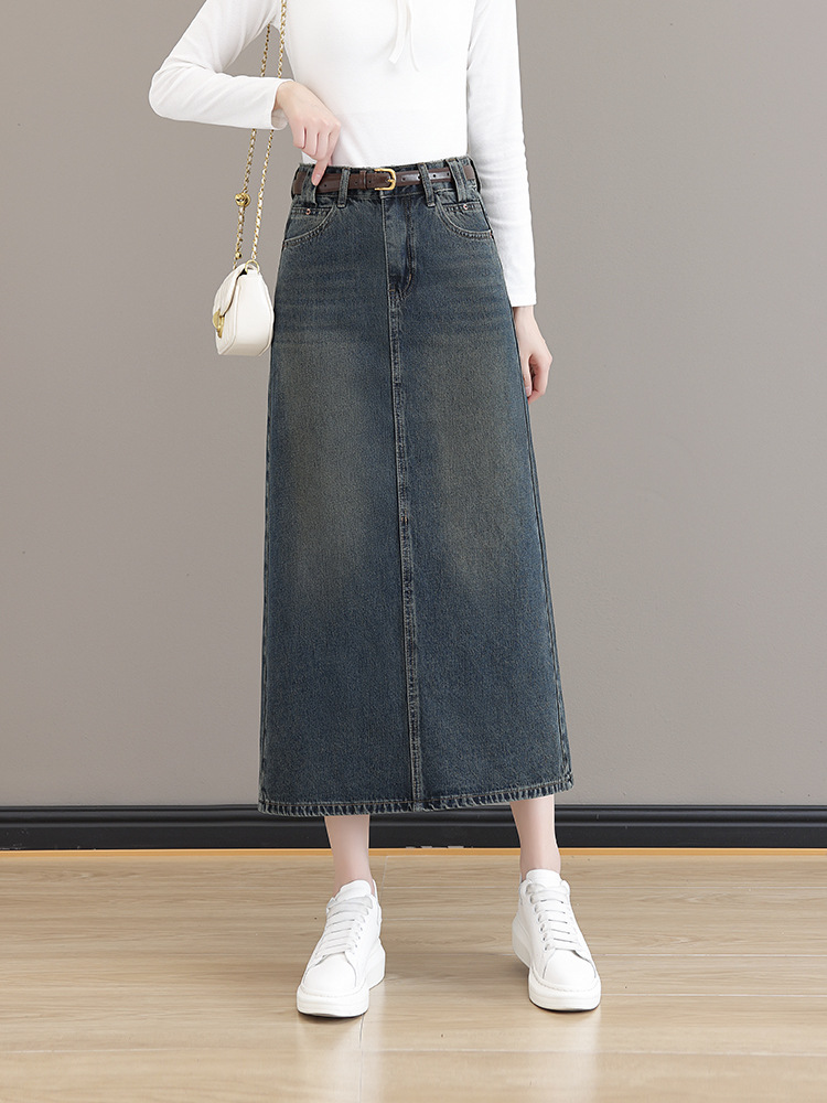 Back Split Denim Skirt Women's Mid-length Autumn and Winter 2023 High Waist Small Retro Denim Skirt