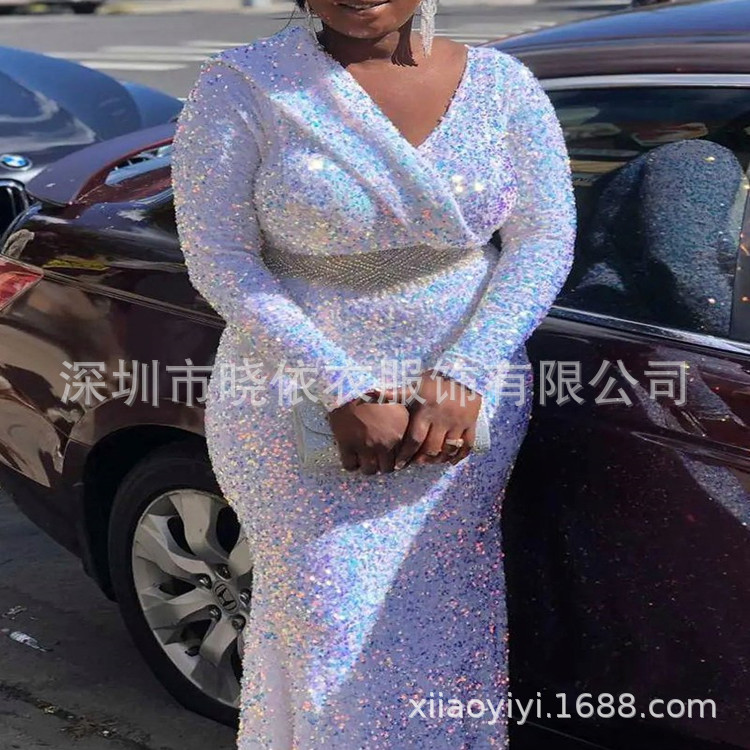 Amazon Aliexpress Foreign Trade European and American Autumn and Winter Commuting Mid-Waist Plus-Size Sequin Dress Evening Gown Fashionable and Elegant