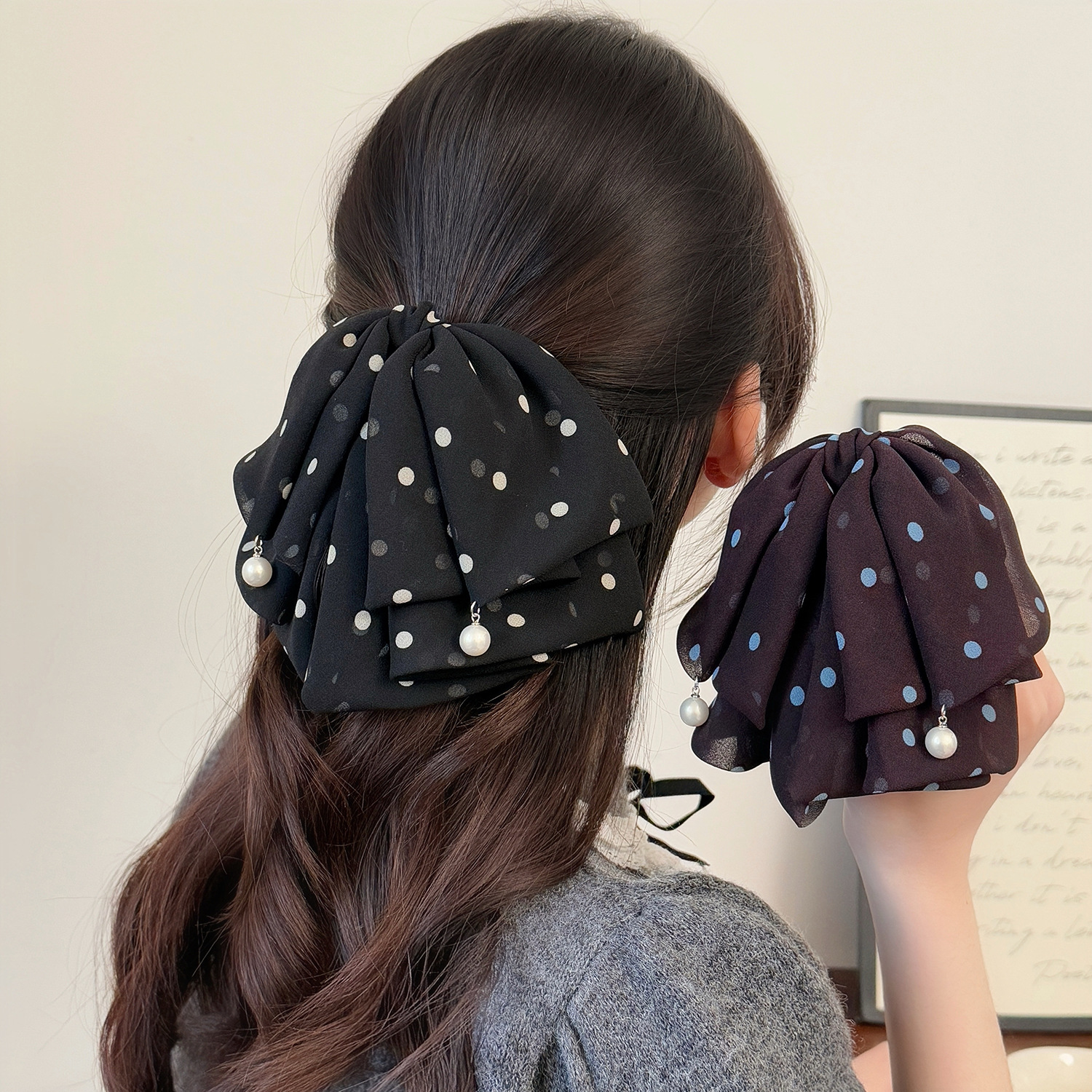 Korean-Style Mesh Polka Dot High-End Ponytail Clip with Bow and Ribbon, Fashionable and Versatile Hairpin for the Back of the Head