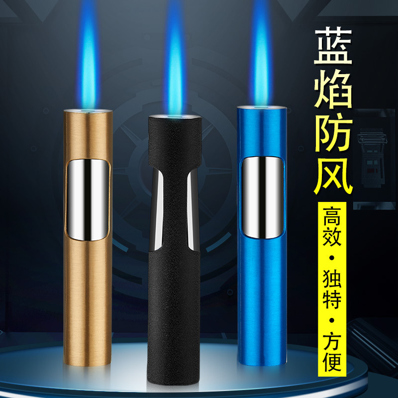 Blue Flame Direct-Ignition Push-Button Lighter, Cylindrical Windproof Lighter, Refillable, Cross-Border Wholesale Supply