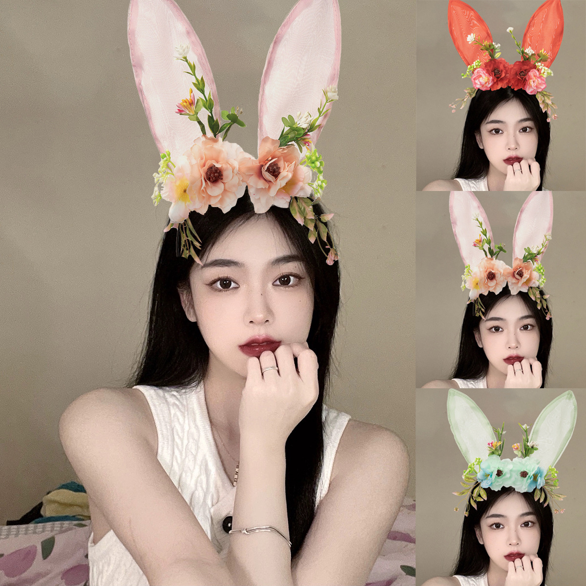 Pure Desire Wind Mesh Rabbit Ear Headband Animal Ear Headband Photo Props Artificial Flower Bunny Hair Accessories