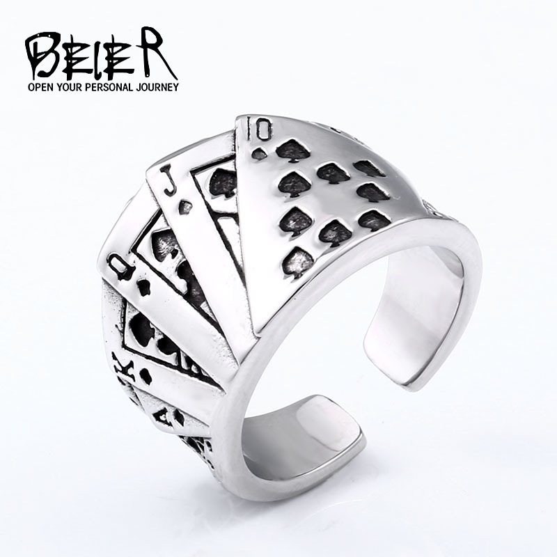 beier flush playing cards Men's titanium steel ring spades a personality hip hop retro casting ring wholesale