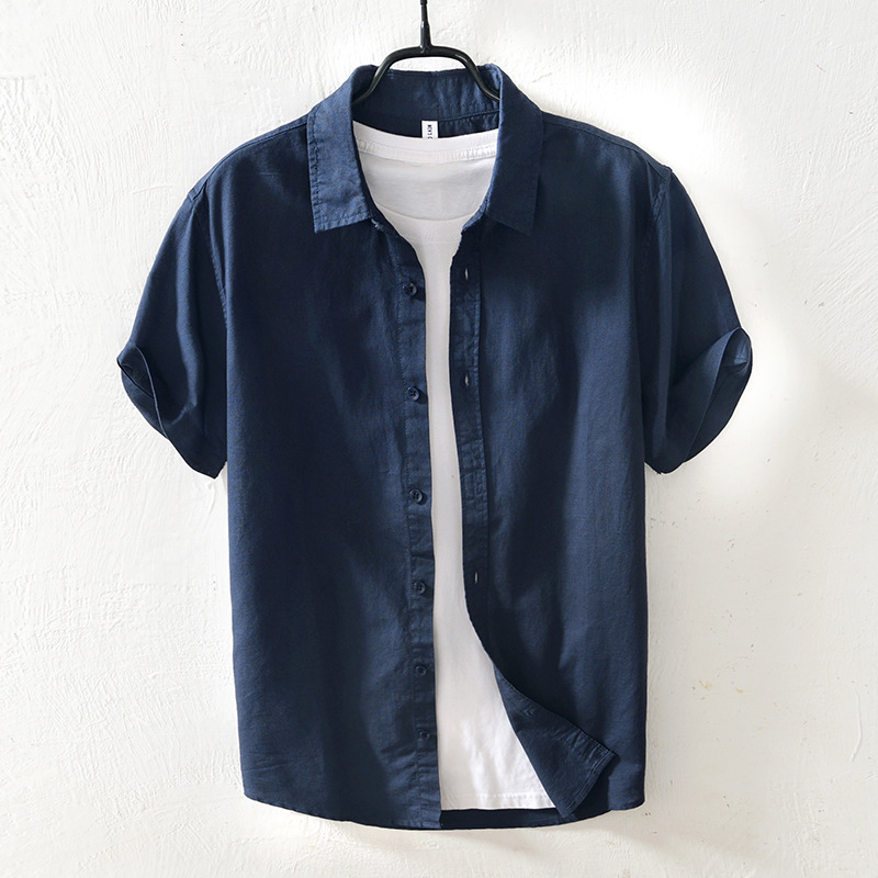 3321 Summer Pure Color Inner and Outer Short Shirts for Men, Casual Cotton and Linen Short-Sleeved Shirts for Young and Middle-Aged Men, One Piece Drop Shipping