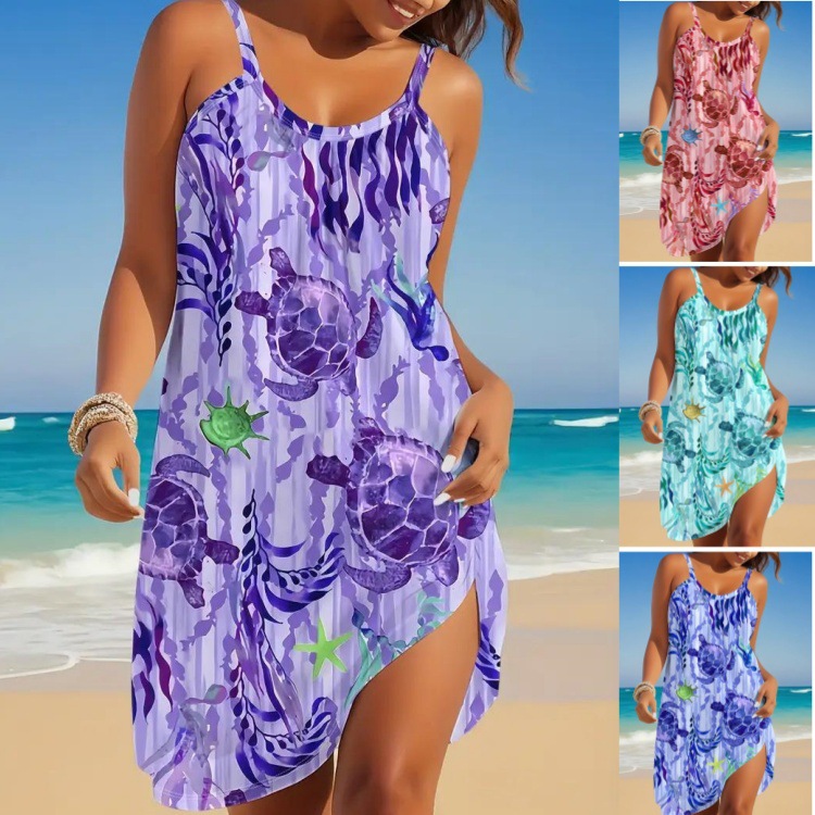 2025 Summer New Amazon Cross-Border European and American Large Size Printed Ocean Style Beach Vacation Suspender Dress for Women