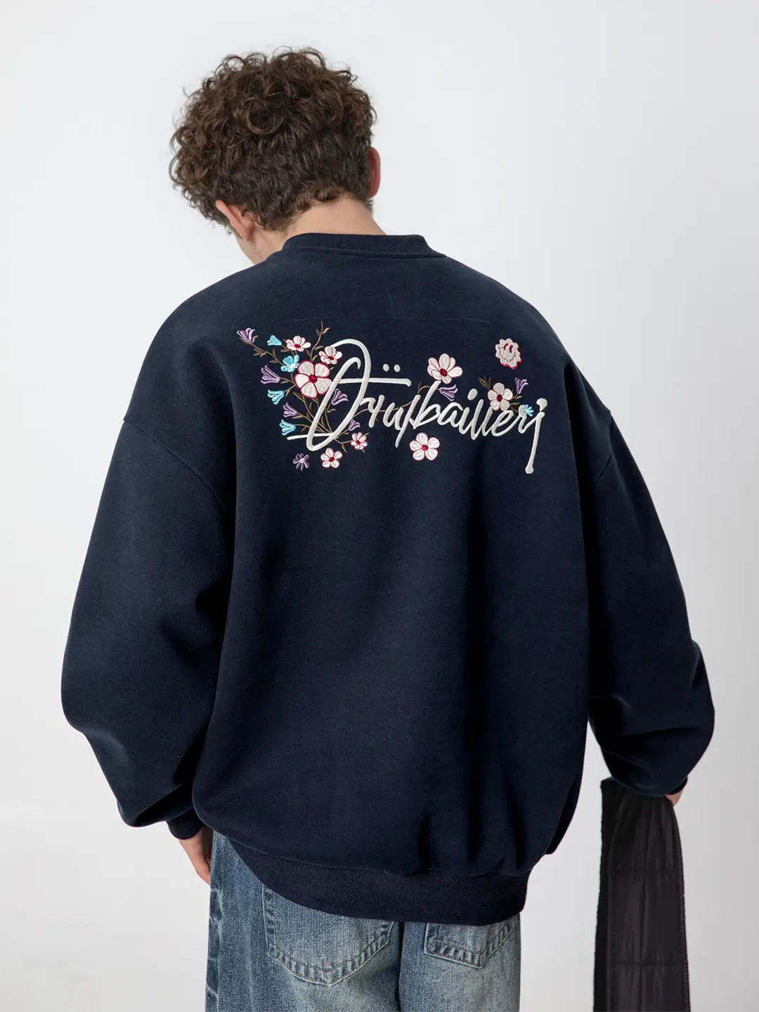 380g Heavy Contrast Color Floral Letter Embroider Round Neck Sweatshirt Men's Autum Texture Loose Casual Pullover Jacket
