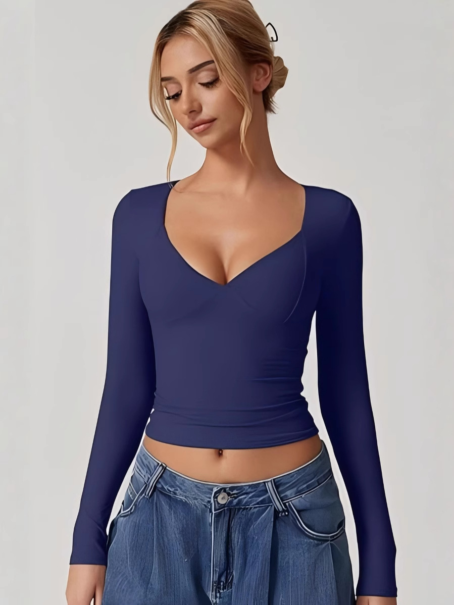 Amazon AliExpress Boutique in stock Women's Long Sleeve V-Neck T-Shirt Double Lined Crop Top Seam Cup Top