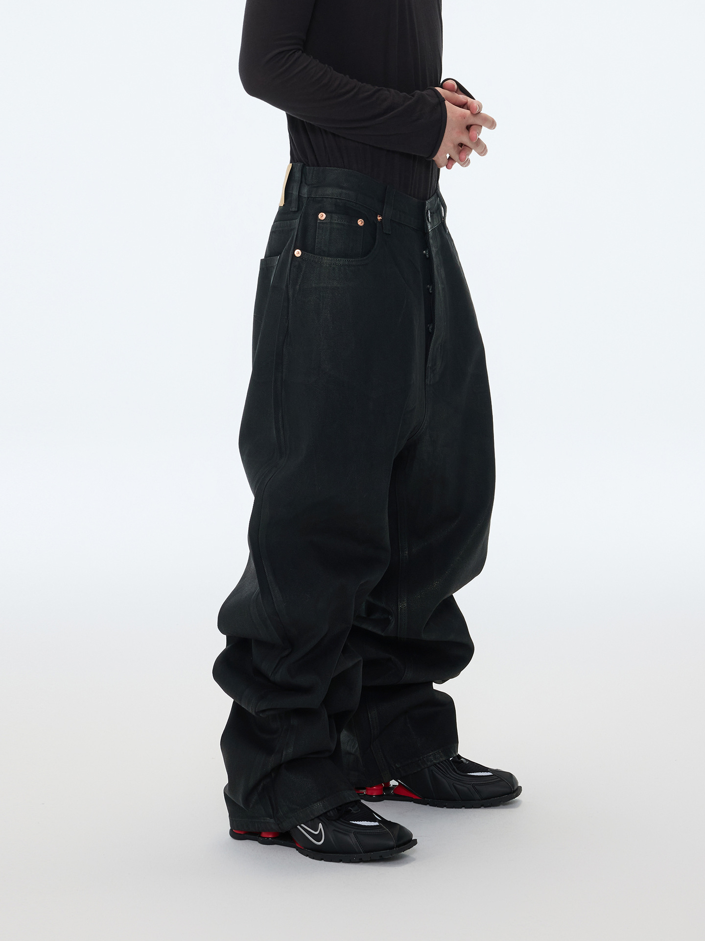2025 Wax-Coated Silhouette Heavy Stiff Deep-Crotch Loose Straight-Leg Floor-Length Denim Stacked Pants