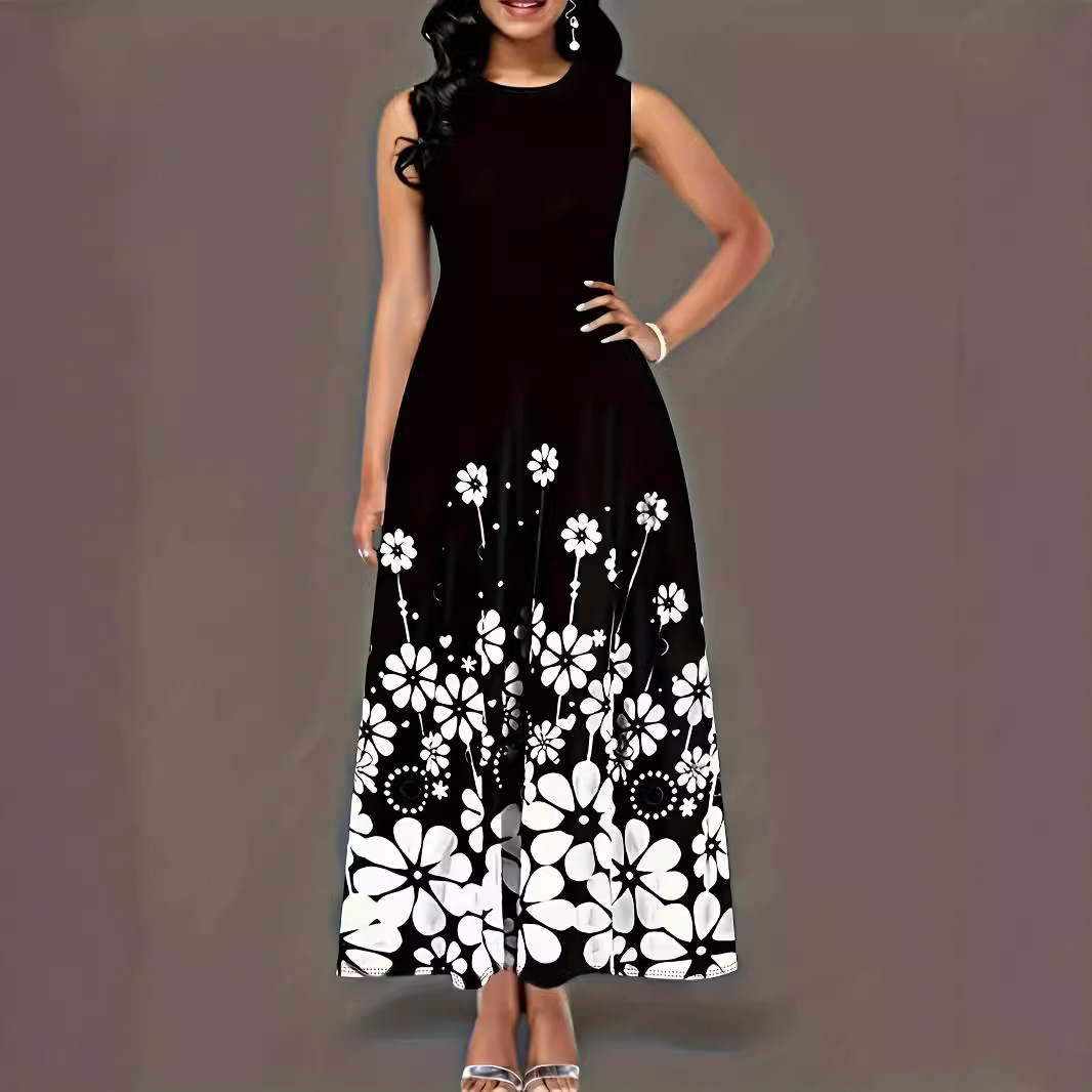 2026 Amazon Cross-Border European and American Summer New Fashion Sleeveless Printed Loose Round Neck Simple Elegant Dress