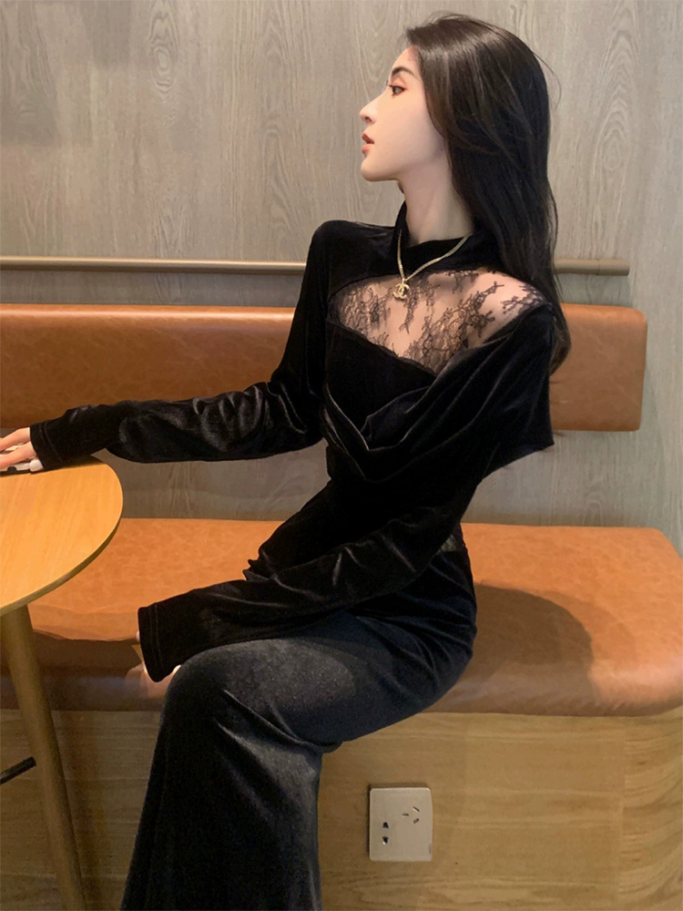 2025 Spring New Fashion Black Velvet dress Women's French Style Lace Stitching Banquet Dress Long Skirt