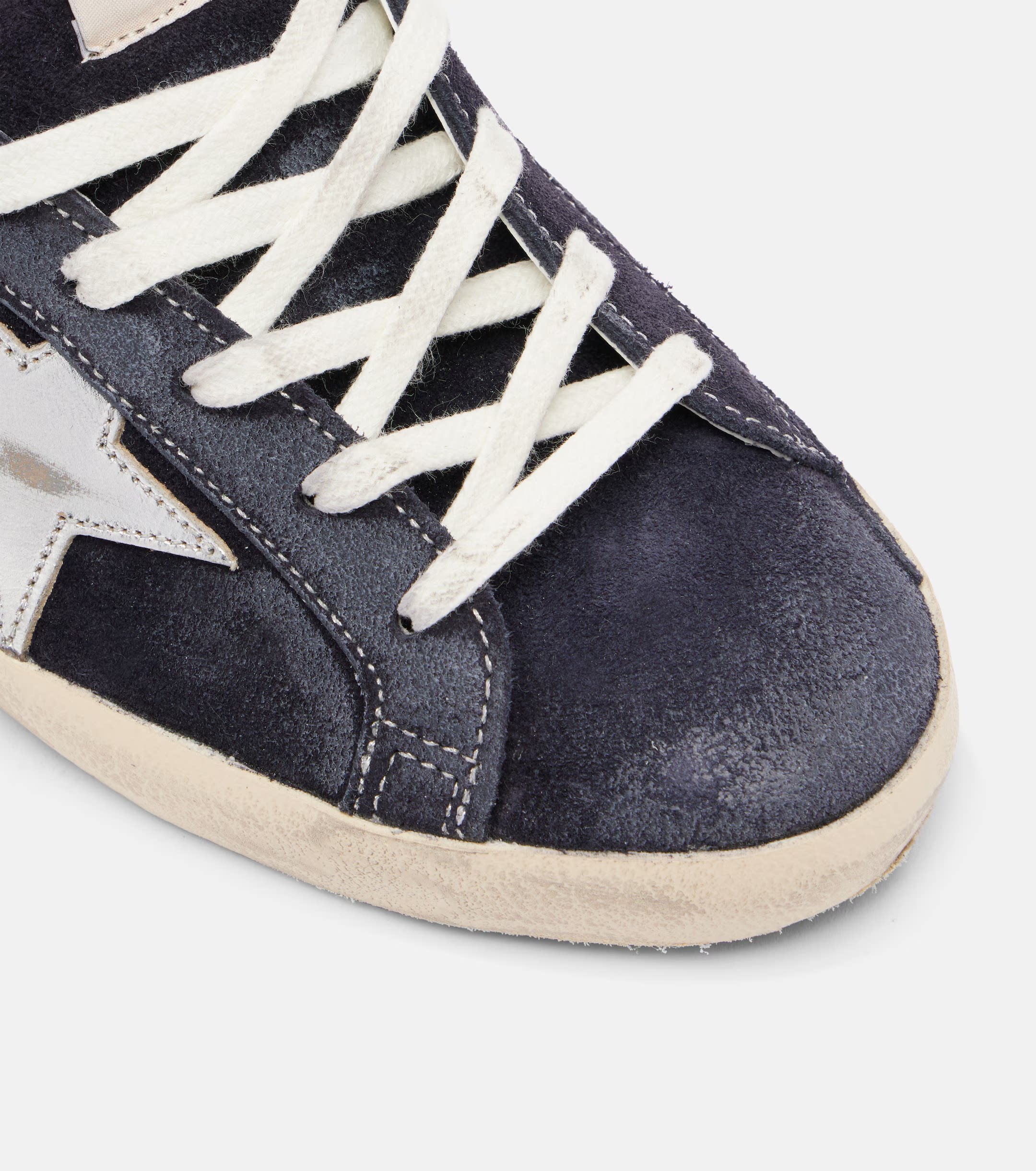 Customized Shoes, Distressed Vintage Sneakers, Deep Blue Suede Leather, Silver Star Detail, Men's and Women's Couple Style Sneakers