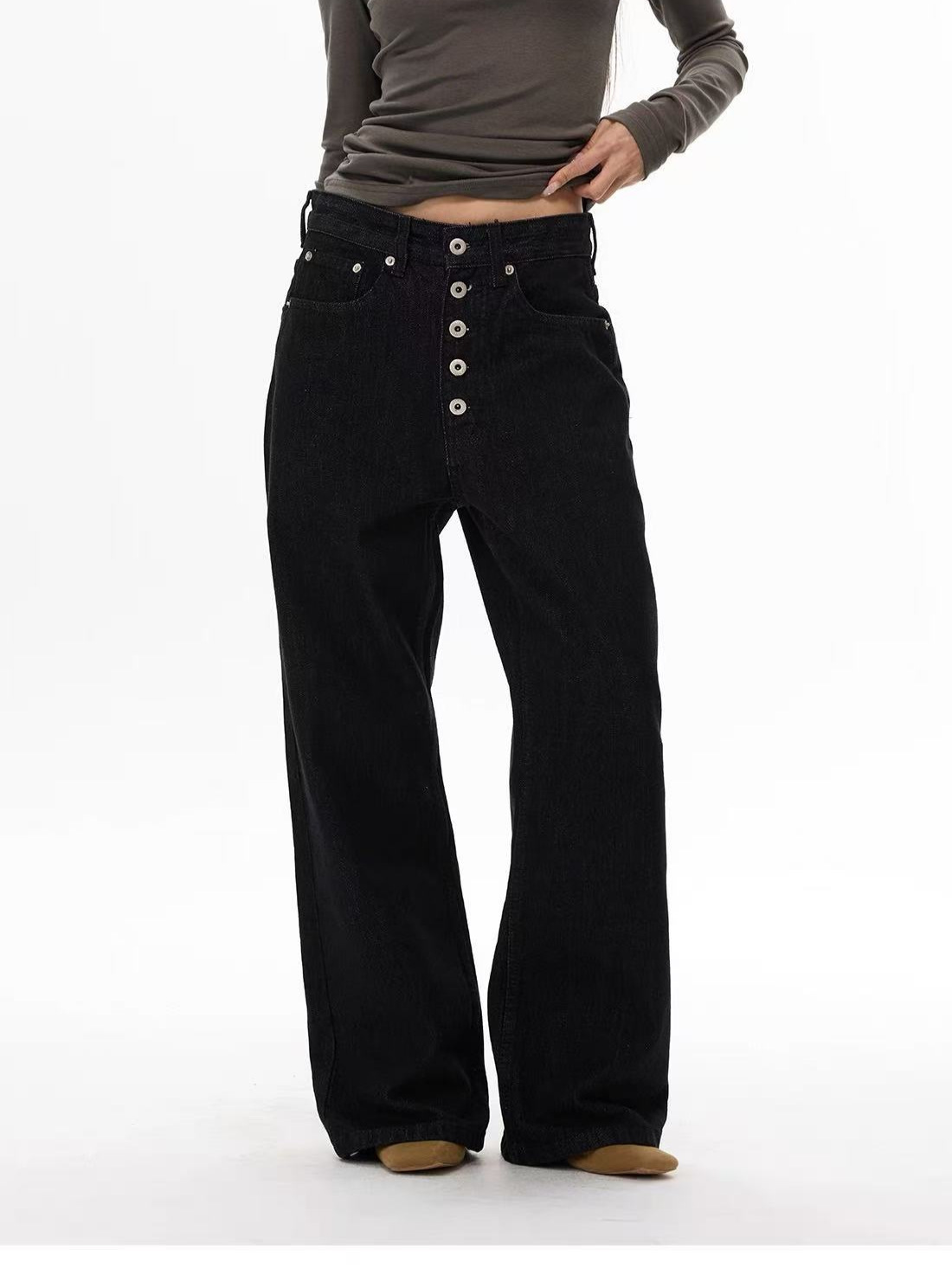 American-Style Niche Selvedge Raw Denim Straight-Leg Black Jeans for Men and Women, Loose Fit, High-End Baggy Long Pants