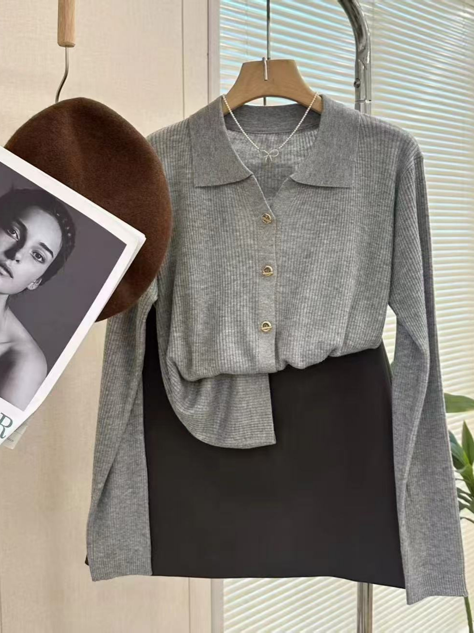 New French Polo Collar Single-breasted Worsted Cardigan Knitted Sweater Women's Spring and Autumn Fashion Casual All-match Meat Covering