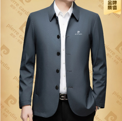 Wholesale Cross-Border Jacket with Lapel Collar, Buttoned Rounded Hem, Printed in Blue, Khaki, and Navy, Standard Style