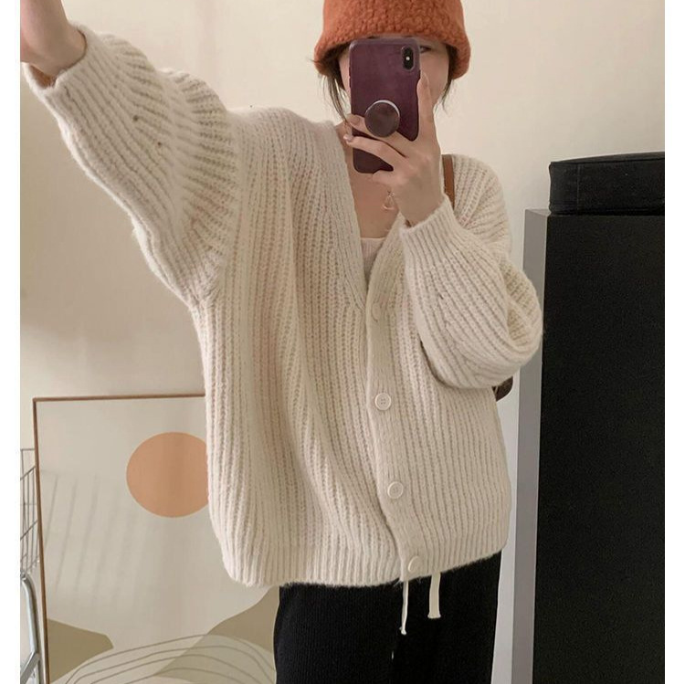 Cat-Like Thick Knit Sweater Cardigan, Loose Batwing Sleeves, Slimming Top, Women's Knitwear, Casual Versatile Long-Sleeve
